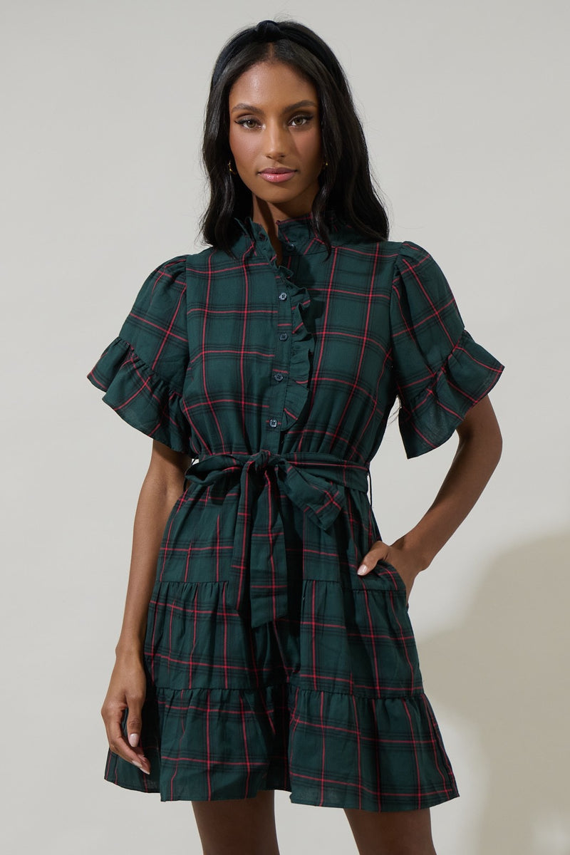 BROOK PLAID BUTTON DOWN DRESS- GREEN