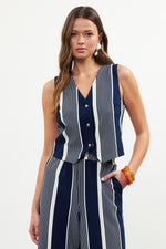 VARIEGATED STRIPED KNIT VEST- NAVY/WHITE