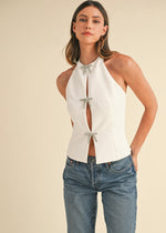 JEWEL BOW HALTER TOP- WHITE