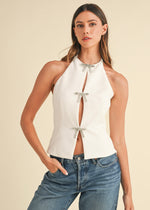 JEWEL BOW HALTER TOP- WHITE