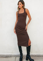 RIBBED SQUARE NECK TANK DRESS- COFFEE BEAN