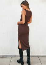 RIBBED SQUARE NECK TANK DRESS- COFFEE BEAN