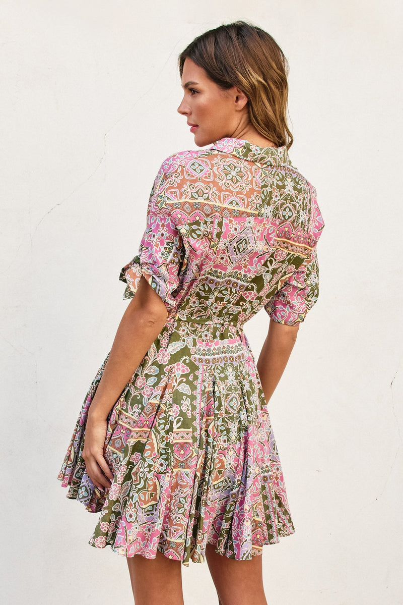 PAISLEY PATCHWORK FLARE DRESS- EVERGREEN