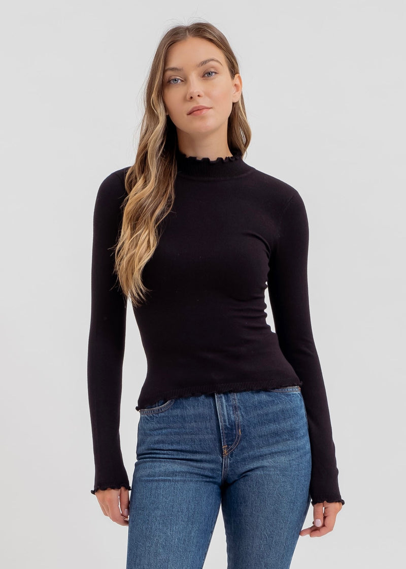 LETTUCE TRIM MOCK NECK SWEATER- BLACK