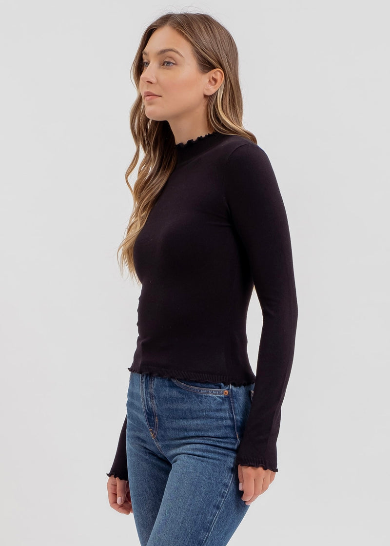 LETTUCE TRIM MOCK NECK SWEATER- BLACK