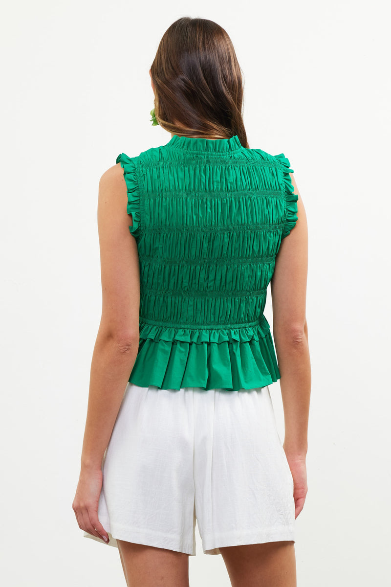 POPLIN SMOCKING PEPLUM TOP- GREEN