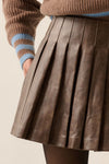 PLEATED LEATHER MINI SKIRT- BROWN