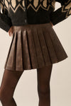 PLEATED LEATHER MINI SKIRT- BROWN