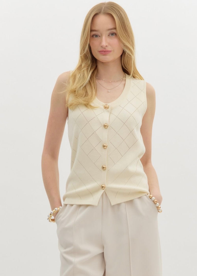 KNIT GOLD BUTTON VEST- CREAM