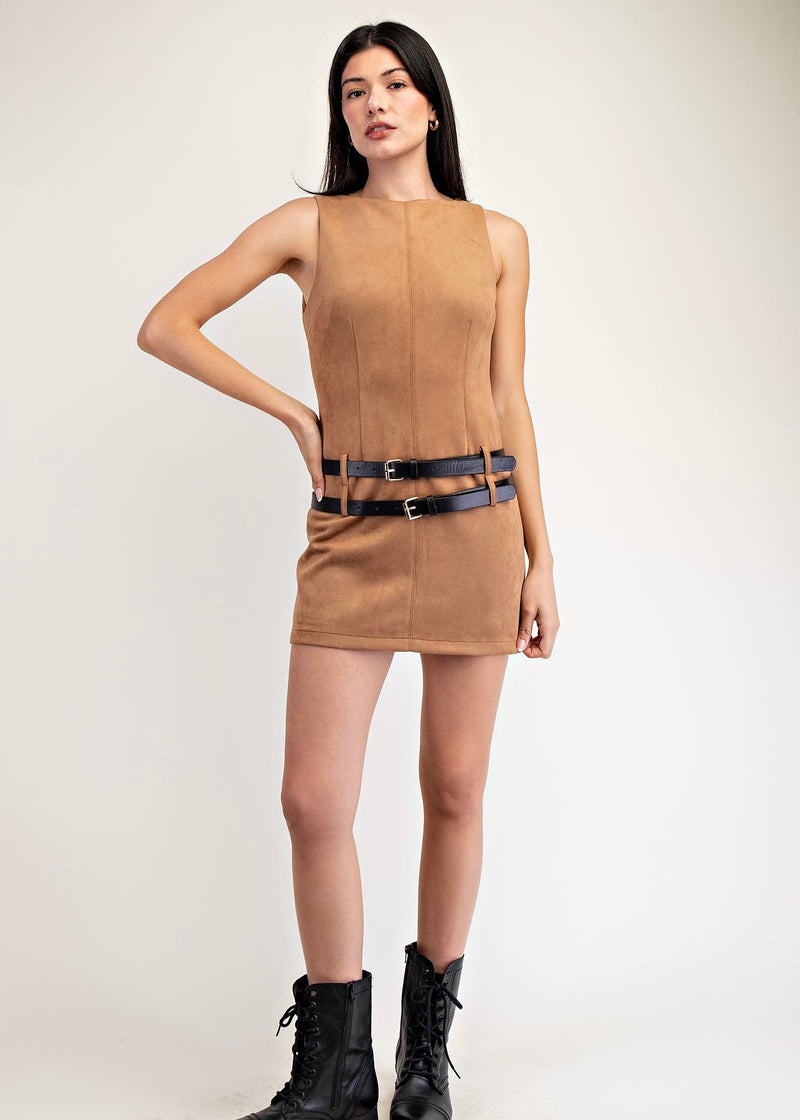 SUEDE BUCKLED MINI DRESS- CAMEL