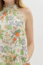 FLORAL HALTER MINI DRESS- GREEN/ORANGE