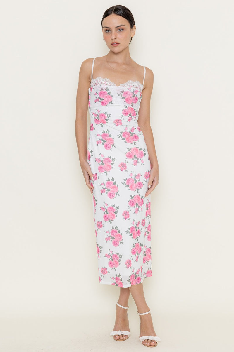 FLORAL LACE MESH MIDI DRESS- PINK/WHITE