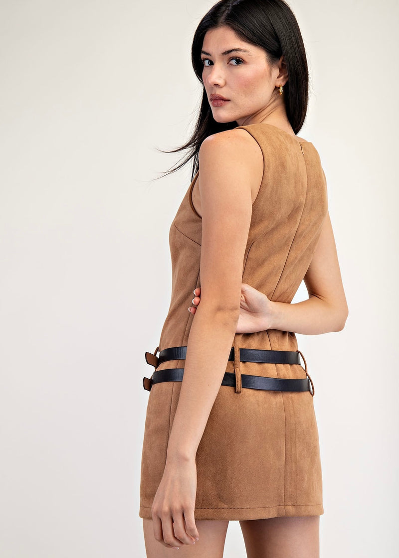 SUEDE BUCKLED MINI DRESS- CAMEL