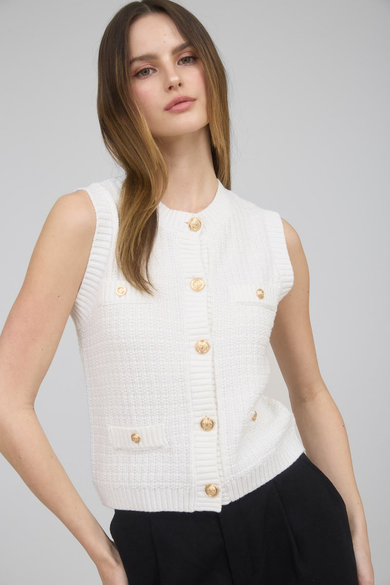 GOLD BUTTON KNIT VEST- WHITE