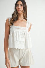 EYELET SQUARE NECK TANK- WHITE