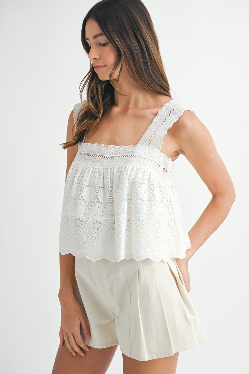 EYELET SQUARE NECK TANK- WHITE