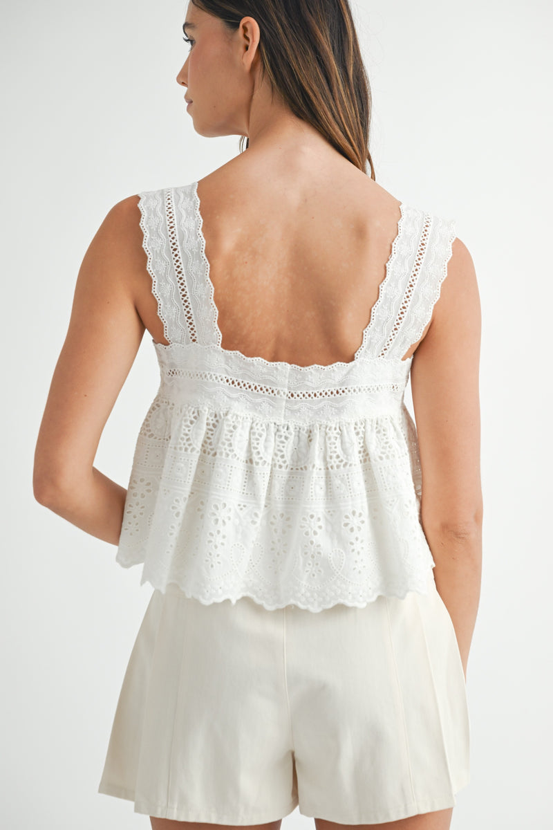 EYELET SQUARE NECK TANK- WHITE