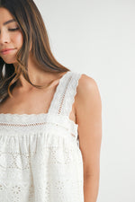 EYELET SQUARE NECK TANK- WHITE