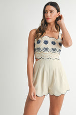 EMBROIDERED CUT OUT ROMPER- TAUPE