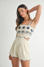 EMBROIDERED CUT OUT ROMPER- TAUPE