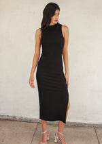 SLEEVELESS RIBBED MIDI DRESS- BLACK