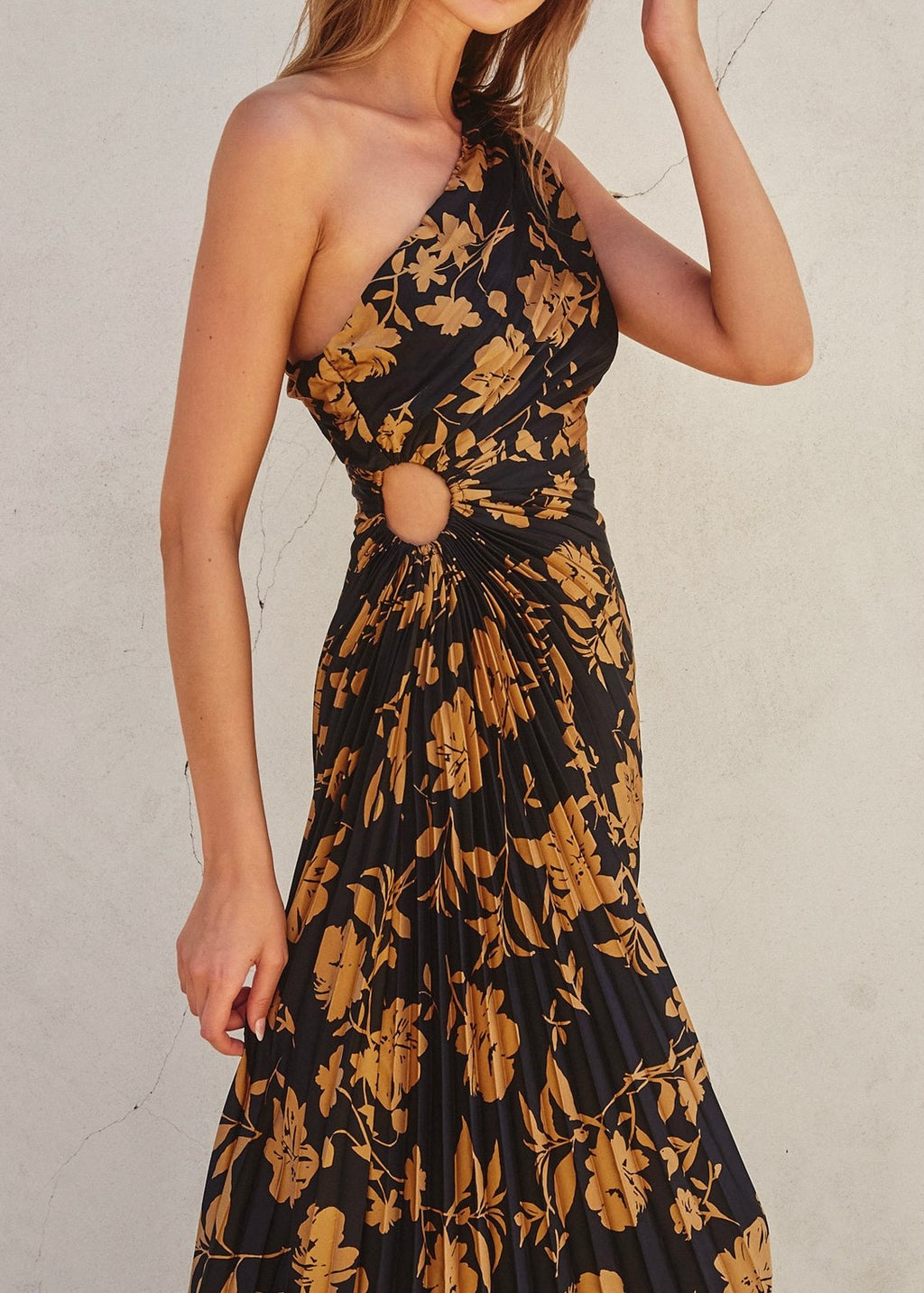 ECLIPSED FLORAL ONE SHOULDER MAXI- GOLD