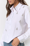 JEWELED BUTTON DOWN SHIRT- WHITE