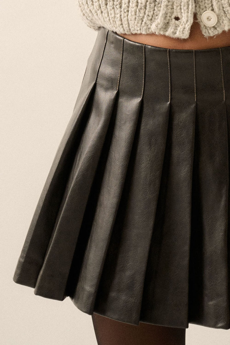 PLEATED LEATHER MINI SKIRT- BLACK