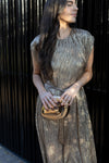 METALLIC KNIT MIDI TIE DRESS- MOCHA GOLD