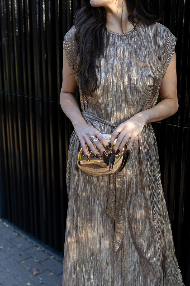 METALLIC KNIT MIDI TIE DRESS- MOCHA GOLD