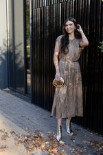 METALLIC KNIT MIDI TIE DRESS- MOCHA GOLD