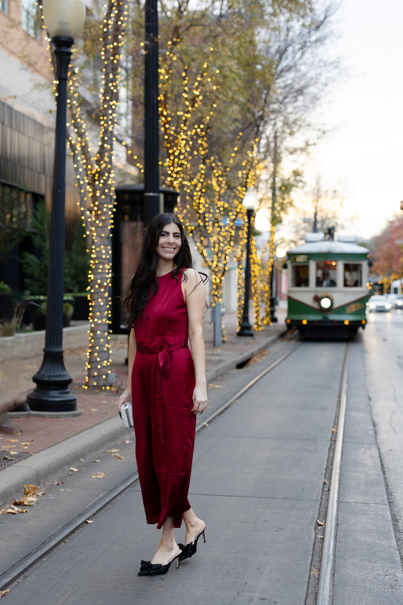 FESTIVE TIE WAIST JUMPSUIT- BURGUNDY