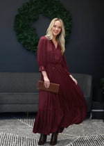 RUFFLE MAXI TIERED DRESS- WINE