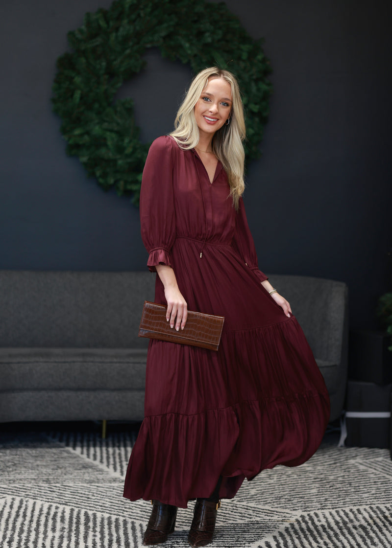 RUFFLE MAXI TIERED DRESS- WINE