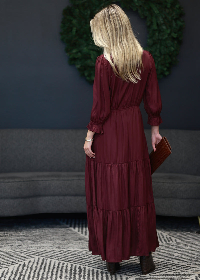 RUFFLE MAXI TIERED DRESS- WINE