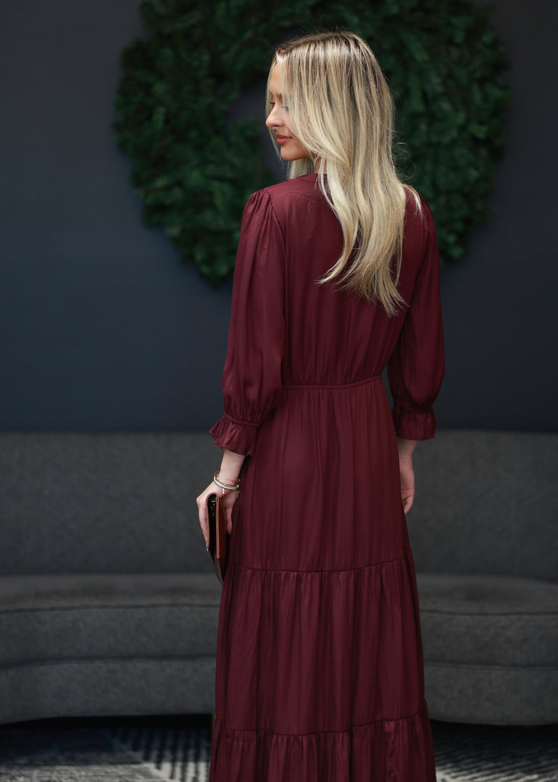 RUFFLE MAXI TIERED DRESS- WINE