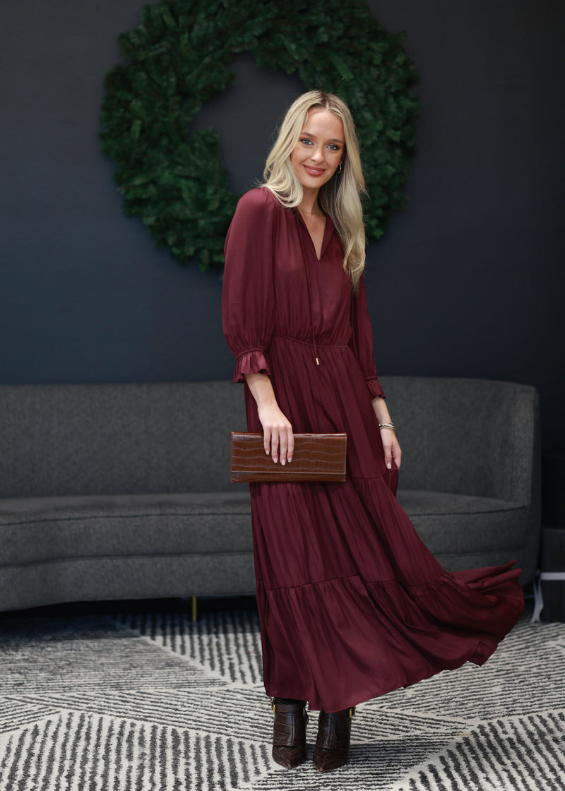 RUFFLE MAXI TIERED DRESS- WINE