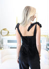 VELVET TIE SHOULDER JUMPSUIT- BLACK