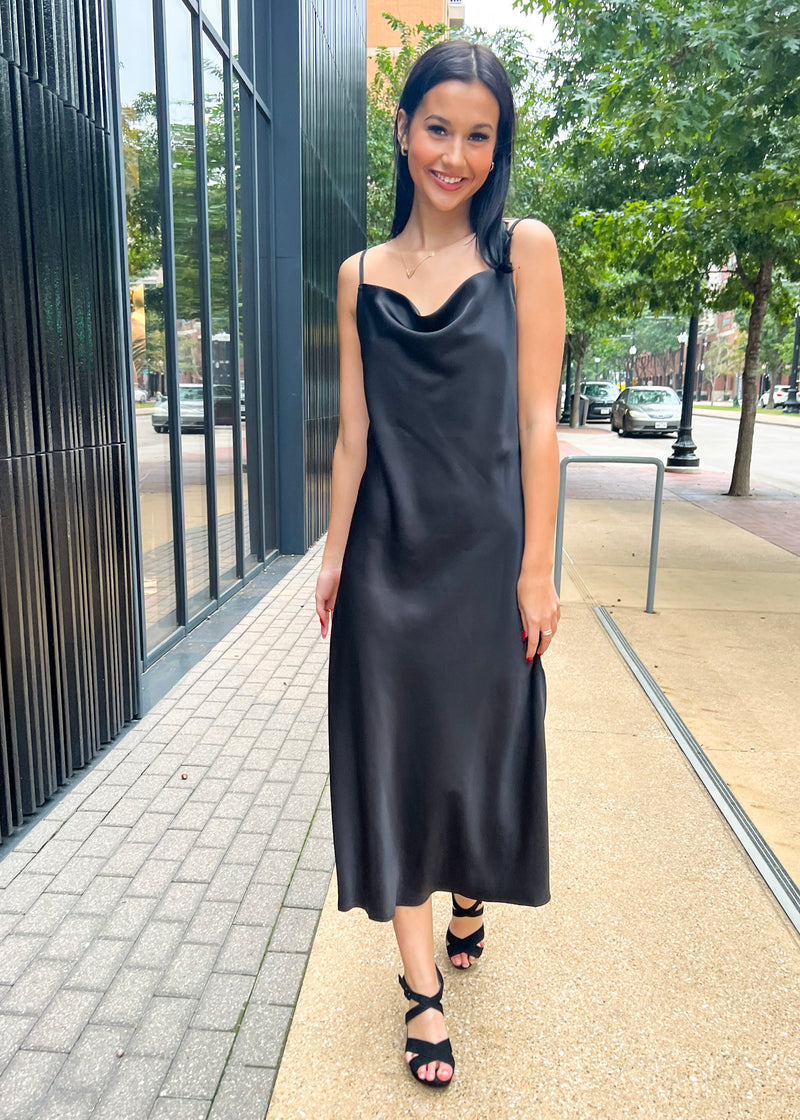 GALA SATIN SLIP DRESS- BLACK