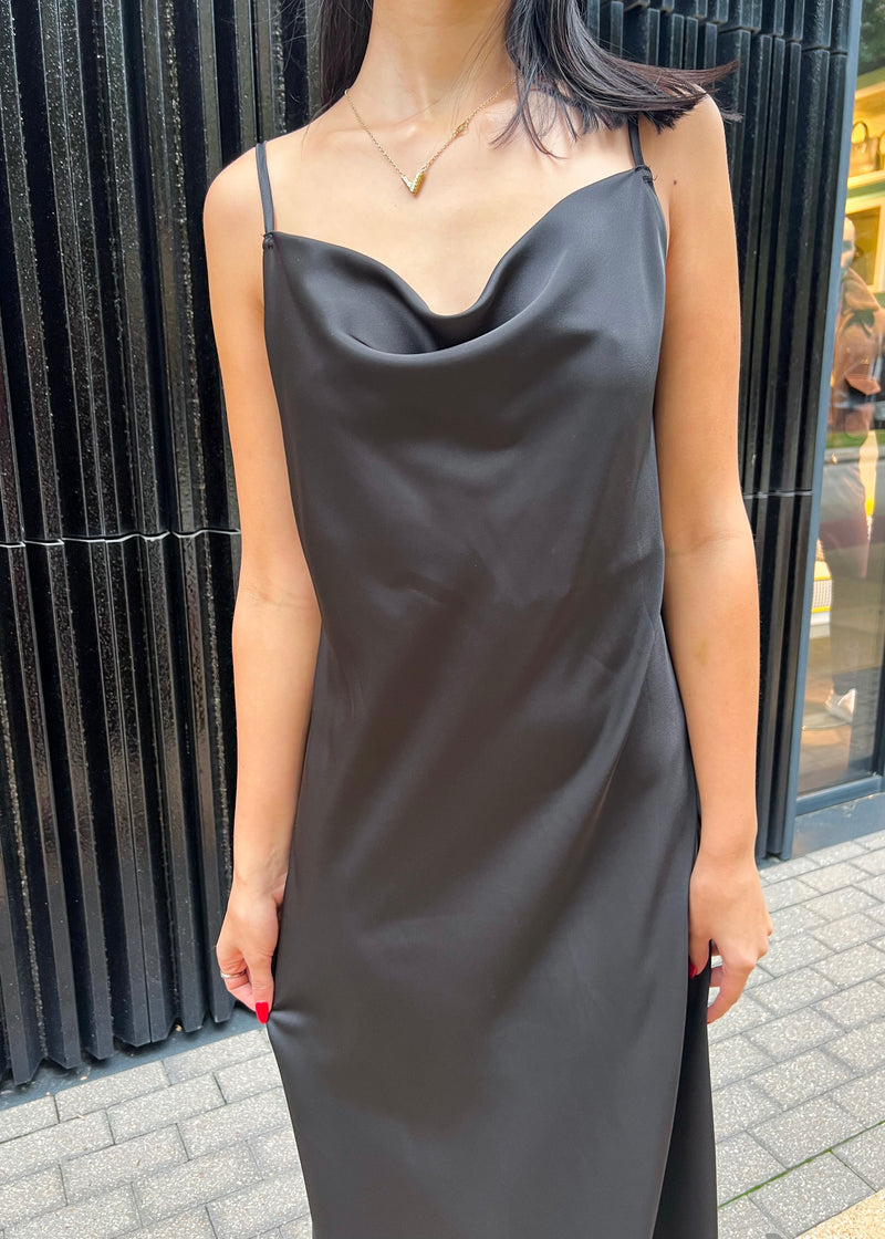 GALA SATIN SLIP DRESS- BLACK